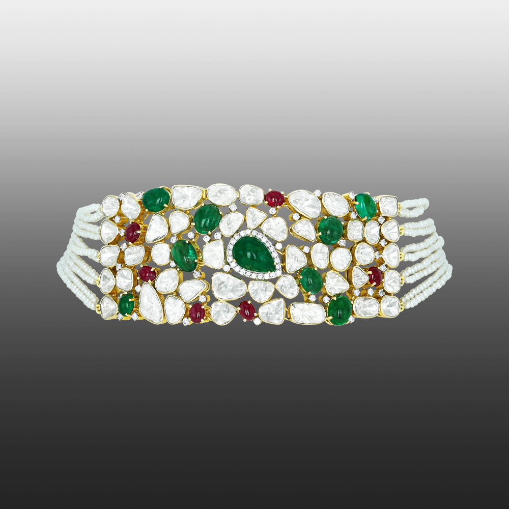 Emerald and Ruby Choker with Polki Diamonds and Pearl Strings